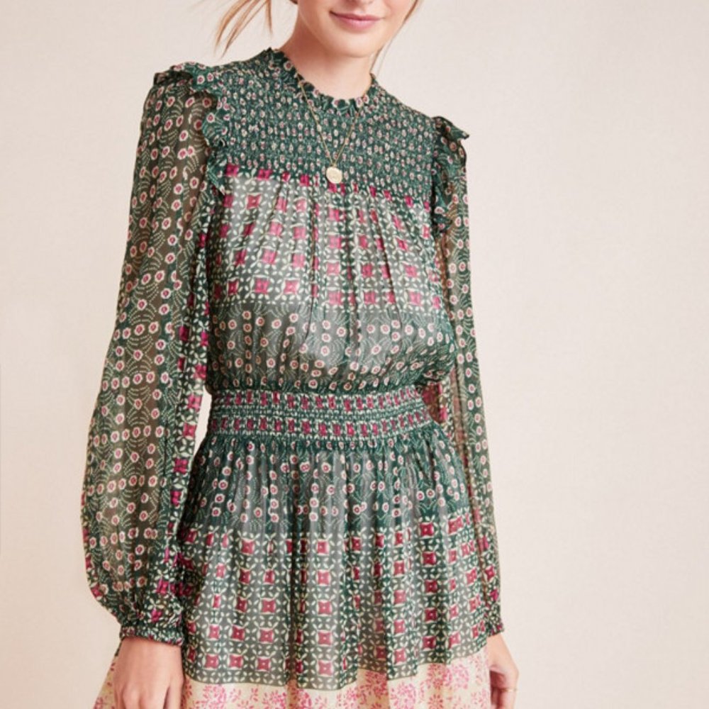 Anthropologie Green Floral Long-Sleeve Smocked Midi Dress - Picture 3 of 10
